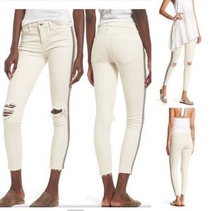 Free People Beaded Embellished Skinny Jeans Frayed White Cream Size 24